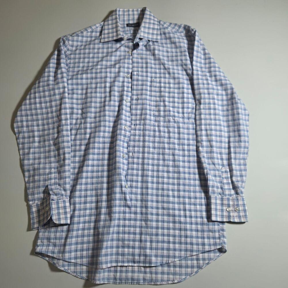 Van Heusen Dress Shirt Mens 14.5 34/35 Blue Check Regular Fit Wrinkle Free LS